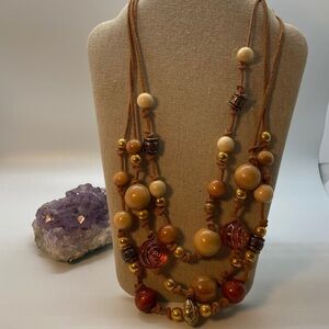 3 Strand Layered Necklace: Cord with Wood Beads